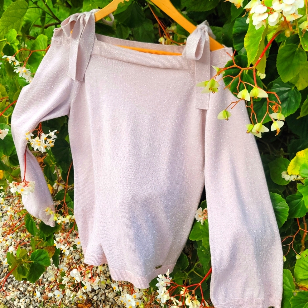 Michael Kors Woman Sweater L Off-Shoulder Pink Shimer Ribbon Ties